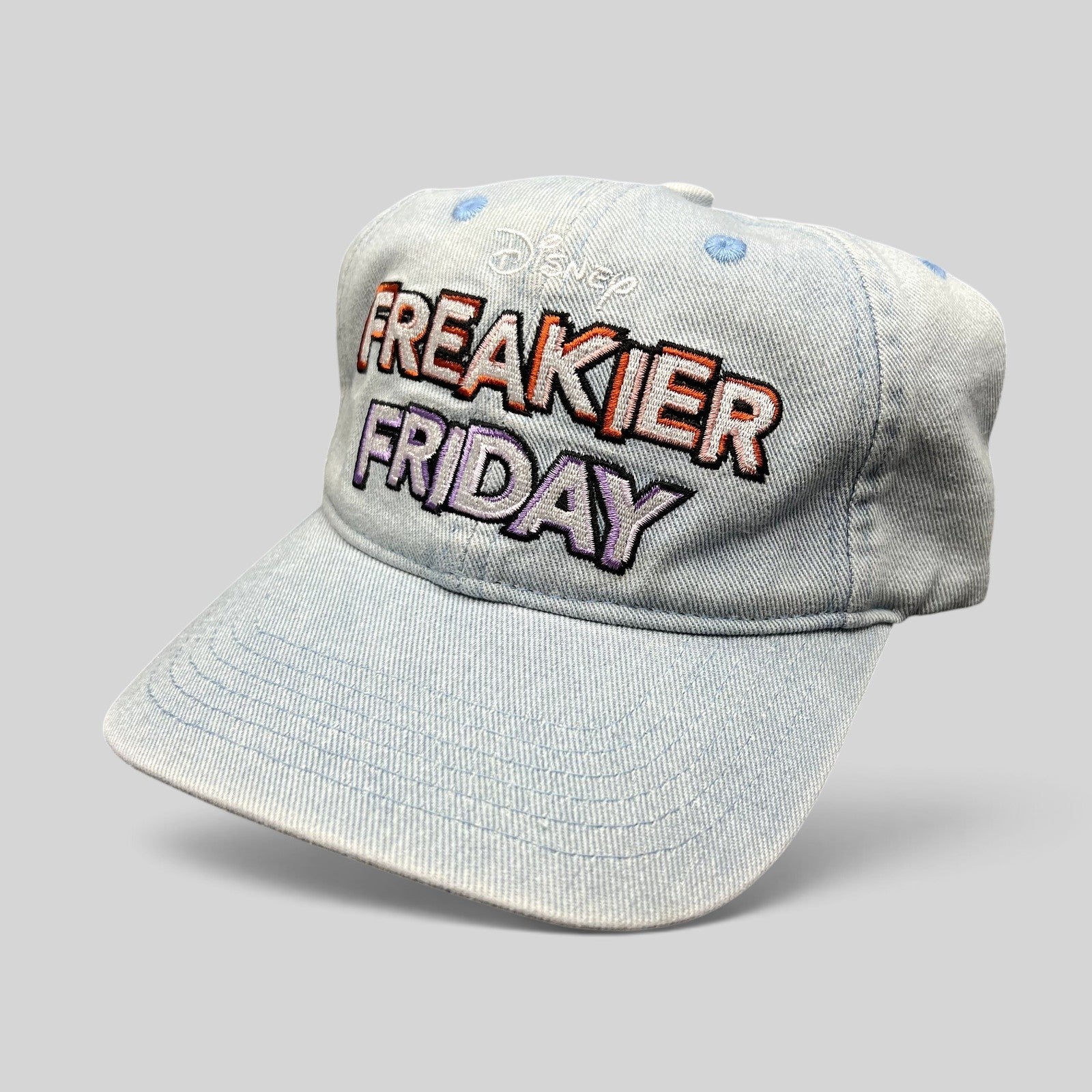 Raree Finds light blue washed cotton dad hat with multicolor embroidered Freakier Friday movie logo