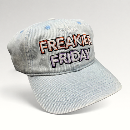 Raree Finds Disney Freakier Friday movie promo light blue washed cotton dad hat with multicolor embroidered lettering.