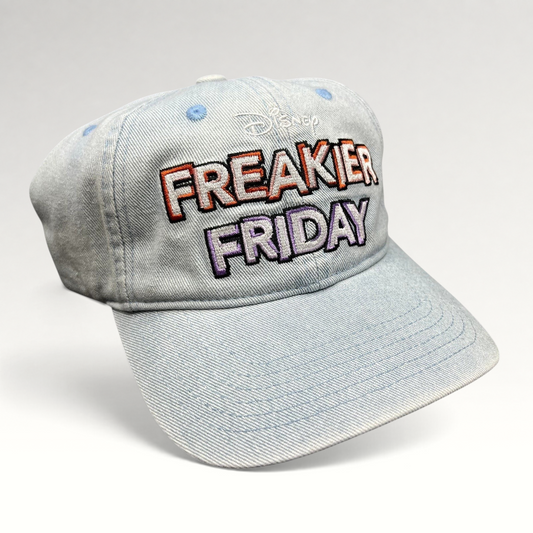 Raree Finds Disney Freakier Friday movie promo light blue washed cotton dad hat with multicolor embroidered lettering.