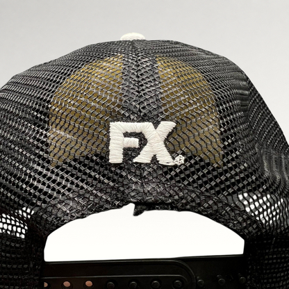 Raree Finds black mesh trucker hat back view with white embroidered FX logo and adjustable snapback closure
