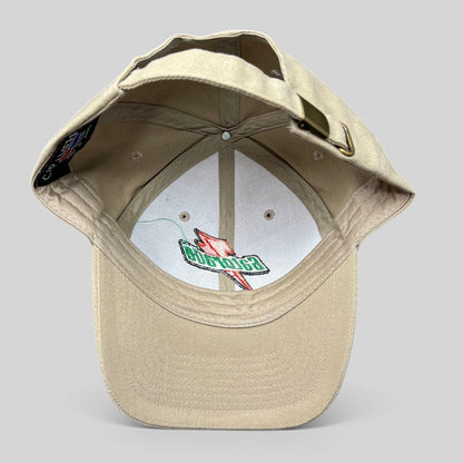 Raree Finds vintage Cap America beige cotton strapback hat with embroidered Gatorade lightning logo, interior view.