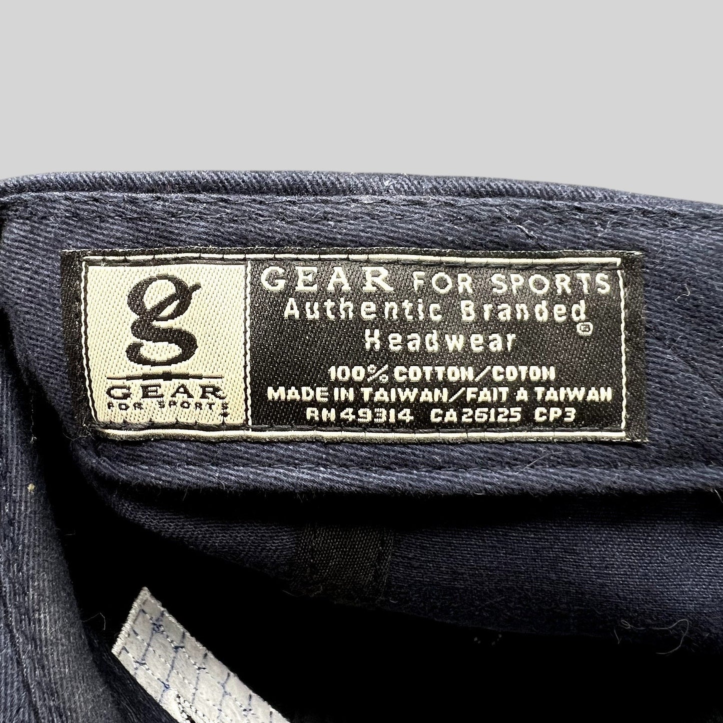 Raree Finds vintage Gear For Sports navy cotton hat interior label showing manufacturing details and origin