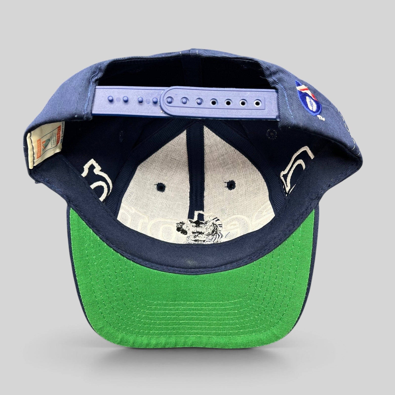Raree Finds vintage Geelong AFL snapback hat showing the interior, green undervisor, and adjustable plastic strap.