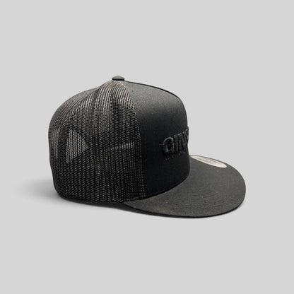 Raree Finds black Gin & Juice snapback hat with puff embroidery and mesh back panels on a flat brim cap.