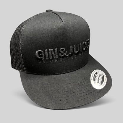 Raree Finds Gin & Juice black trucker snapback hat with tonal raised embroidery and breathable mesh back panels.