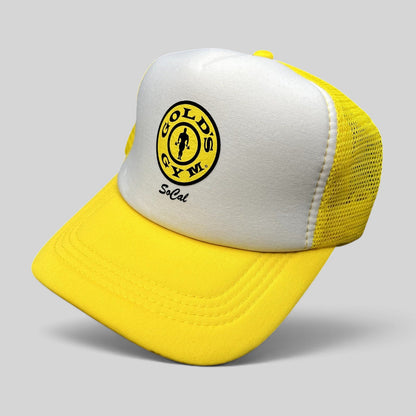 Raree Finds Gold’s Gym SoCal trucker hat in yellow and white with a breathable mesh back and adjustable snapback.