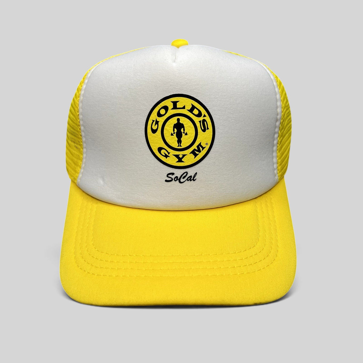 Raree Finds Gold’s Gym SoCal trucker hat featuring a white foam front, yellow visor, and breathable mesh back.