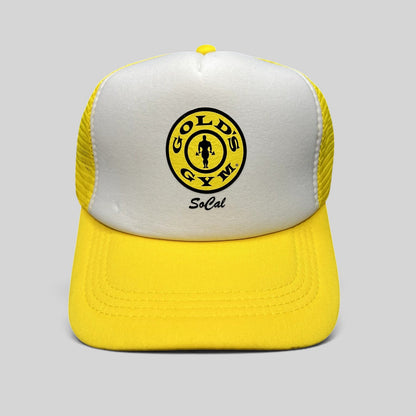 Raree Finds Gold’s Gym SoCal trucker hat featuring a white foam front, yellow visor, and breathable mesh back.