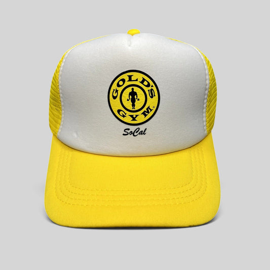 Raree Finds Gold’s Gym SoCal trucker hat featuring a white foam front, yellow visor, and breathable mesh back.