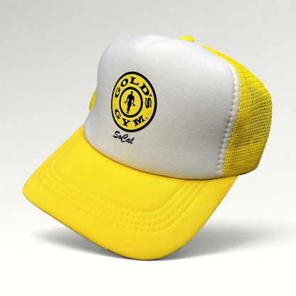 Raree Finds Gold’s Gym SoCal trucker hat in yellow and white with a mesh back and adjustable snapback closure.