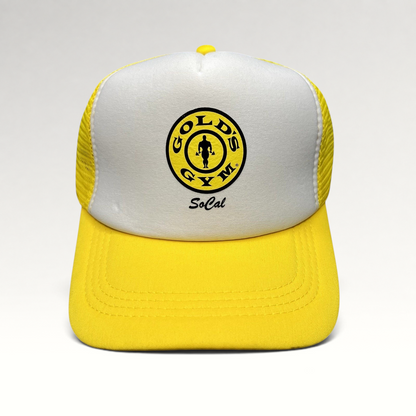 Raree Finds Gold’s Gym SoCal trucker hat featuring a white foam front, yellow visor, and mesh back with logo.