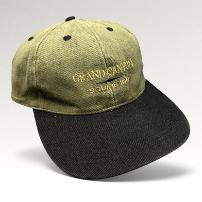 Raree Finds vintage olive green and black cotton strapback hat with Grand Canyon Squire Inn embroidery