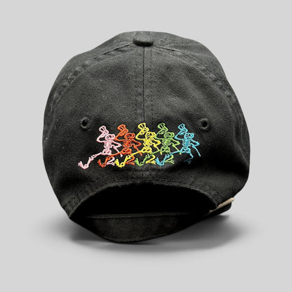 Raree Finds black cotton strapback hat featuring colorful embroidered Grateful Dead dancing bears on the back