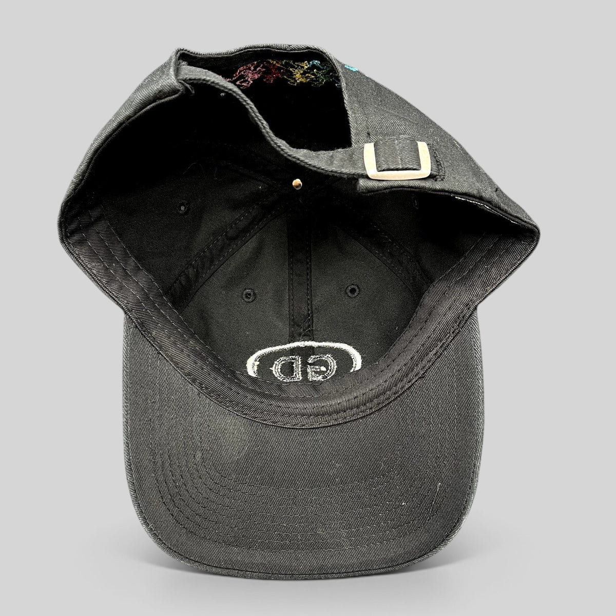 Raree Finds black cotton strapback hat featuring a front GD logo patch and embroidered dancing bears on the back.