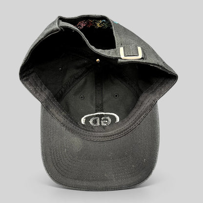 Raree Finds black cotton strapback hat featuring a front GD logo patch and embroidered dancing bears on the back.