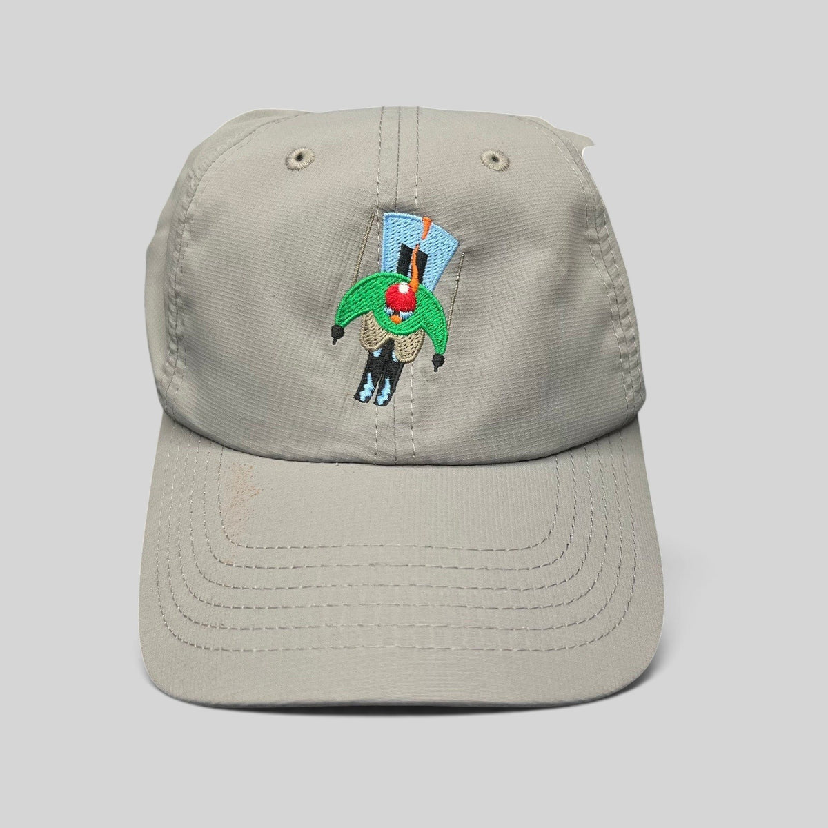 Raree Finds light gray Imperial performance strapback hat with an embroidered skier logo on the front