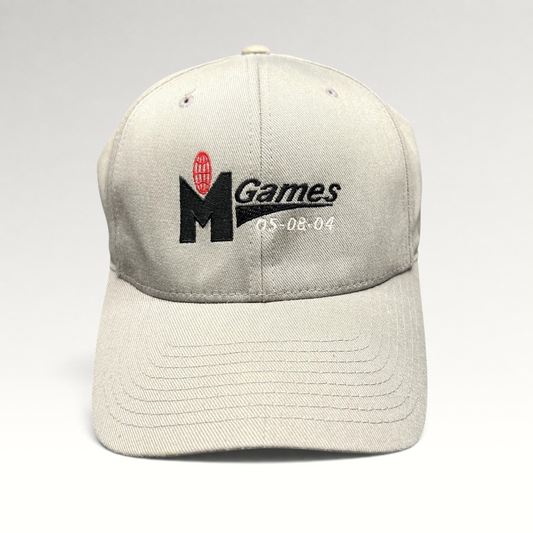 Raree Finds gray Yupoong Flexfit baseball cap with embroidered M Games 2004 event logo in black and red
