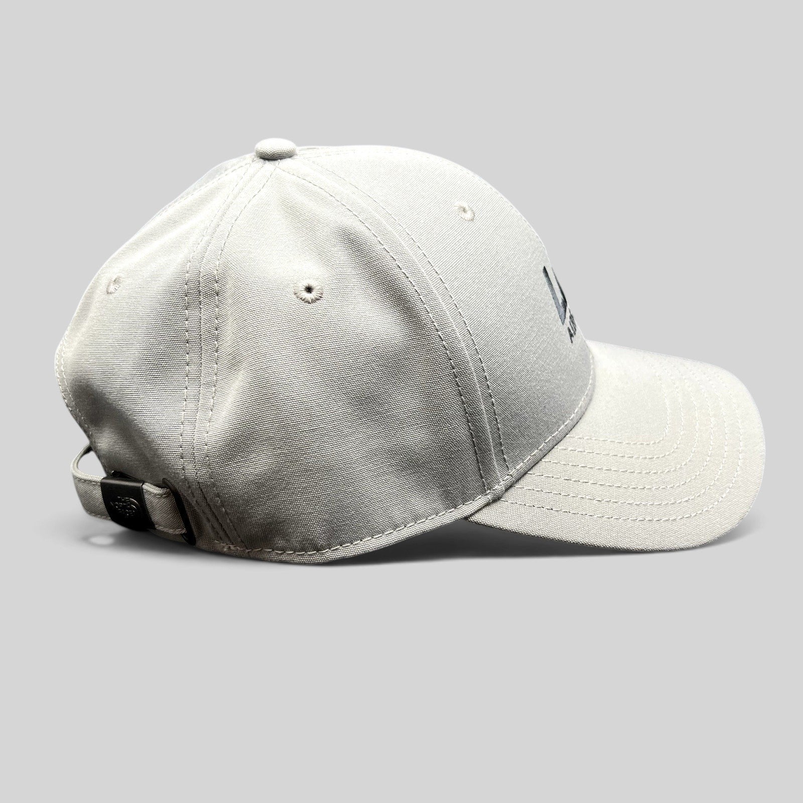 Raree Finds gray The North Face strapback hat with Lift Aircraft embroidery and black metal hardware side view