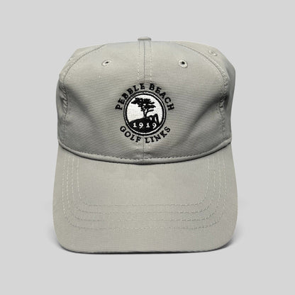 Raree Finds gray performance fabric golf cap with embroidered Pebble Beach Golf Links 1919 logo and strapback closure