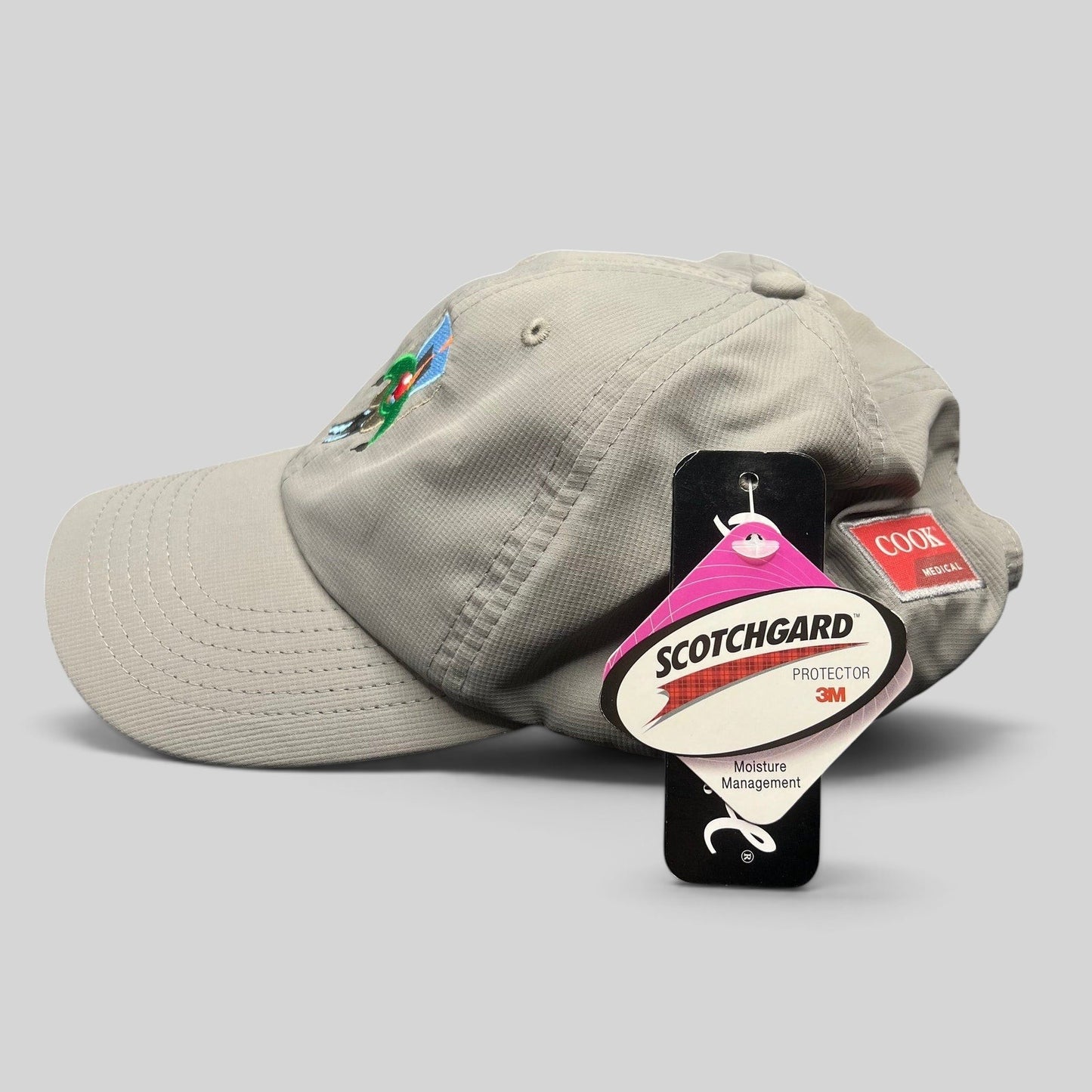 Raree Finds light gray Imperial performance strapback hat with an embroidered skier logo and Scotchgard tag
