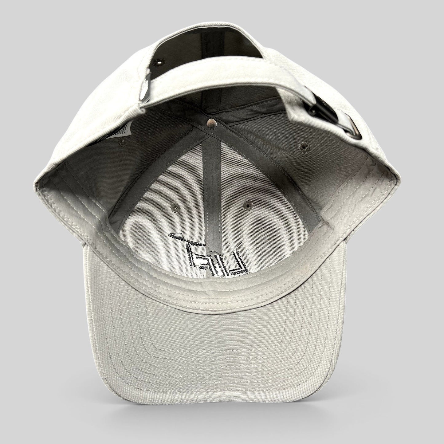 Raree Finds gray The North Face strapback hat with Lift Aircraft embroidery, showing interior six-panel construction.