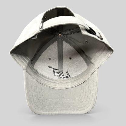 Raree Finds gray The North Face strapback hat with Lift Aircraft embroidery, showing interior six-panel construction.