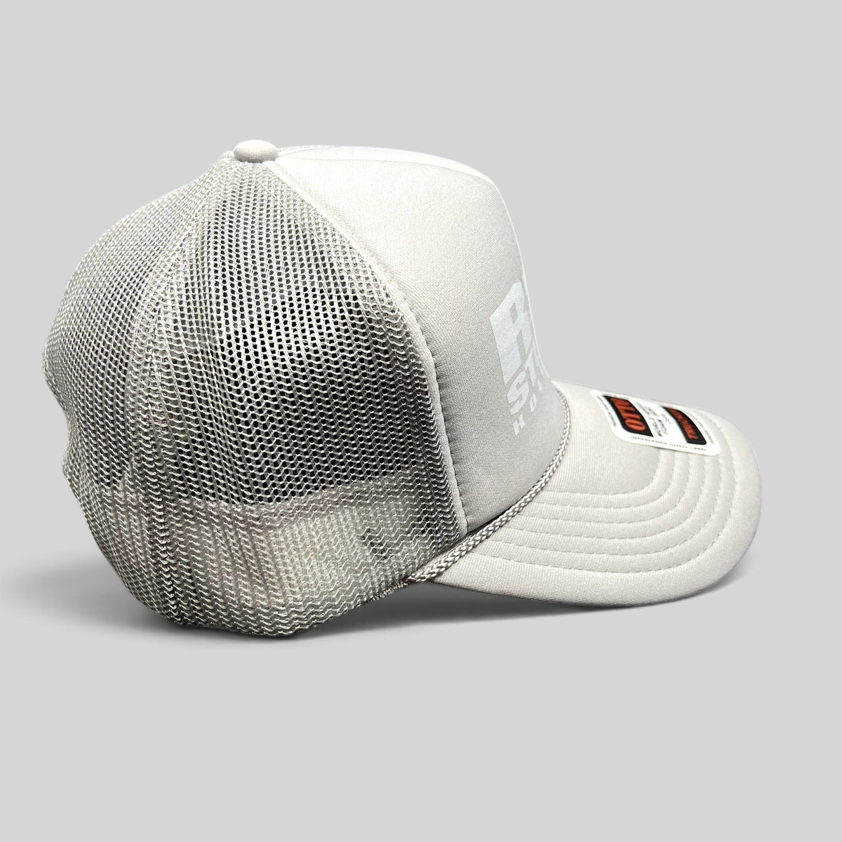 Raree Finds RSH Studios Hollywood gray trucker hat with white tonal print, mesh back, and braided rope brim detail.