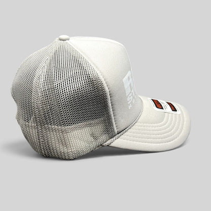 Raree Finds RSH Studios Hollywood gray trucker hat with white tonal print, mesh back, and braided rope brim detail.