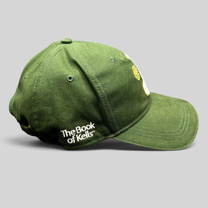 Raree Finds dark green The Book of Kells strapback hat with white side embroidery and curved brim