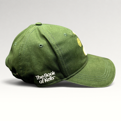 Raree Finds dark green The Book of Kells strapback hat with white side embroidery and curved brim