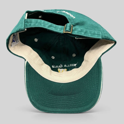 Raree Finds vintage green cotton strapback golf hat with adjustable brass buckle and interior branding details