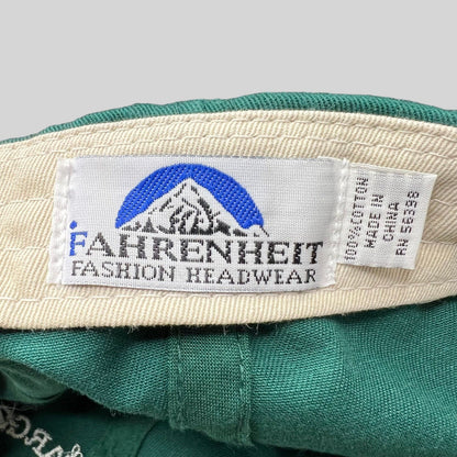 Raree Finds vintage green cotton hat interior label featuring Fahrenheit Fashion Headwear branding