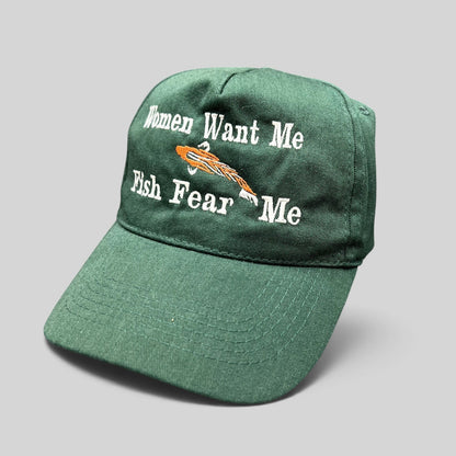 Raree Finds forest green dad cap with Women Want Me Fish Fear Me embroidery and an orange fishing lure graphic