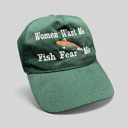 Raree Finds forest green dad cap with white embroidered Women Want Me Fish Fear Me slogan and orange fishing lure