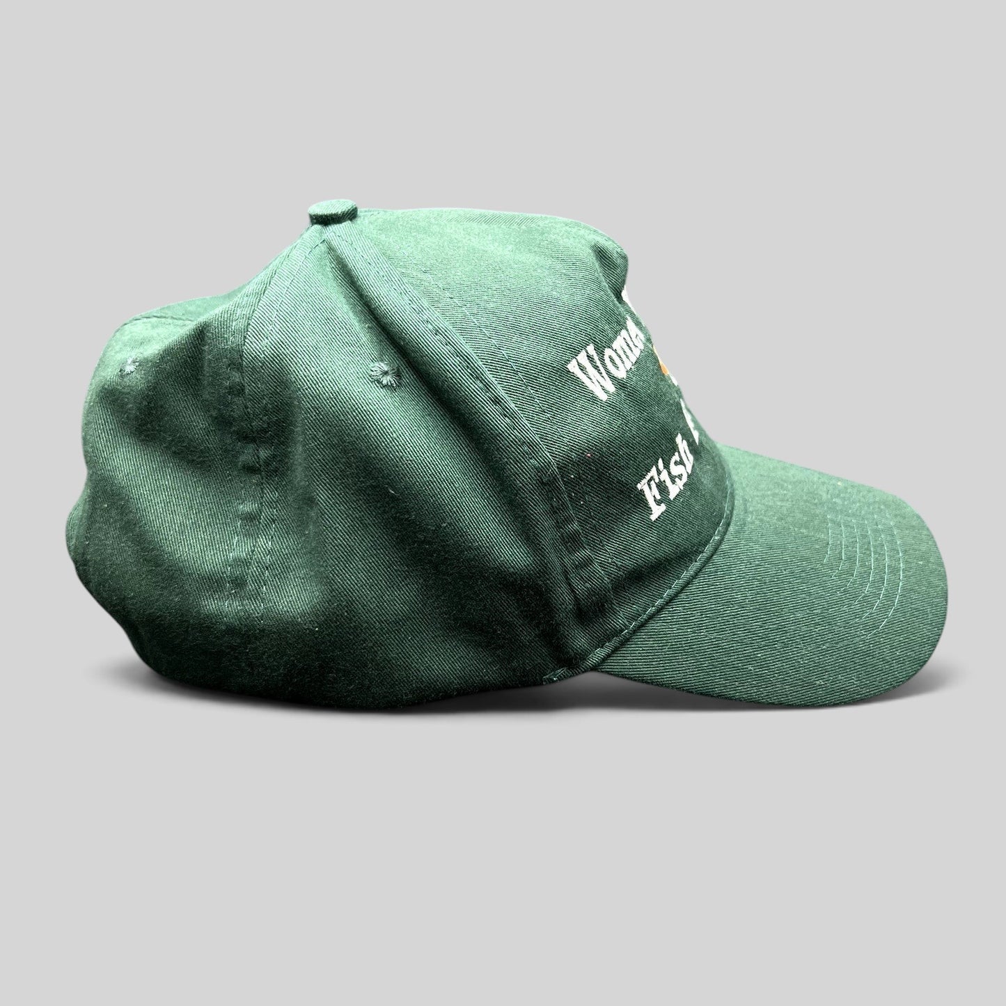 Raree Finds forest green dad cap with Women Want Me Fish Fear Me embroidery and fishing lure graphic