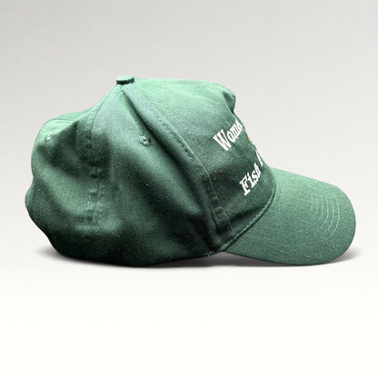 Raree Finds forest green dad cap with Women Want Me Fish Fear Me embroidery and fishing lure graphic, side view.