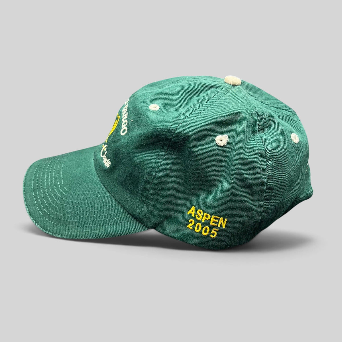 Raree Finds vintage green cotton strapback golf hat with Wells Fargo Sterling Cup Classic embroidery and Aspen 2005