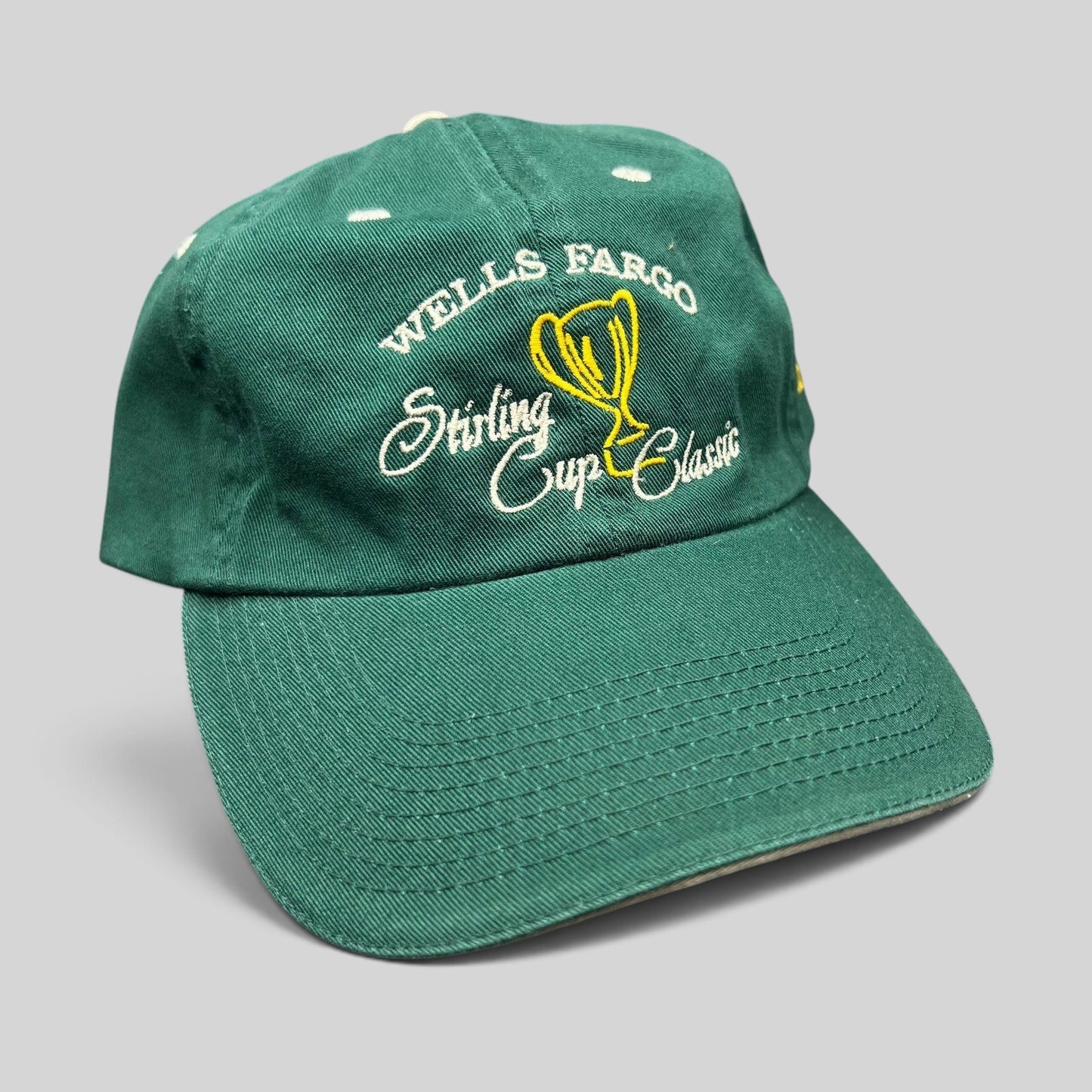 Raree Finds vintage green cotton strapback golf hat with Wells Fargo Sterling Cup Classic trophy embroidery