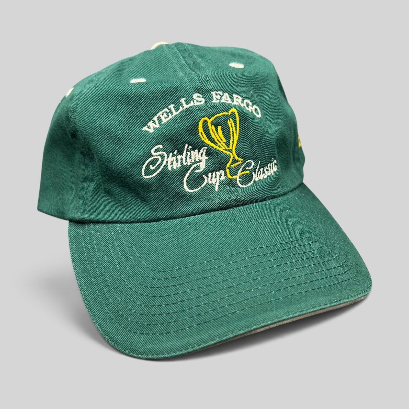 Raree Finds vintage green cotton strapback golf hat with Wells Fargo Sterling Cup Classic trophy embroidery