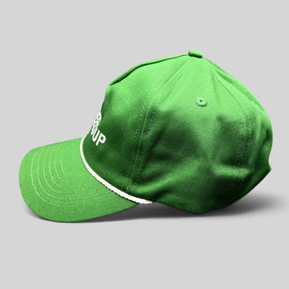 Raree Finds green cotton strapback hat with white rope detail and embroidered Wheels Up logo on the crown