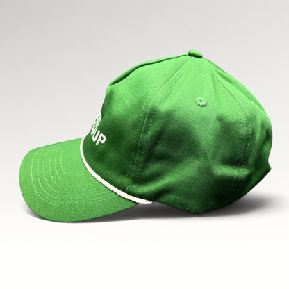 Raree Finds green cotton strapback hat with white rope detail and embroidered Wheels Up logo on the crown