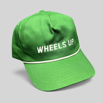 Raree Finds green cotton strapback hat with white WHEELS UP embroidery and a classic white rope detail on the brim.