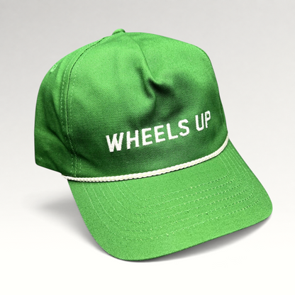 Raree Finds green cotton strapback hat with white WHEELS UP embroidery and a classic white rope detail on the brim.