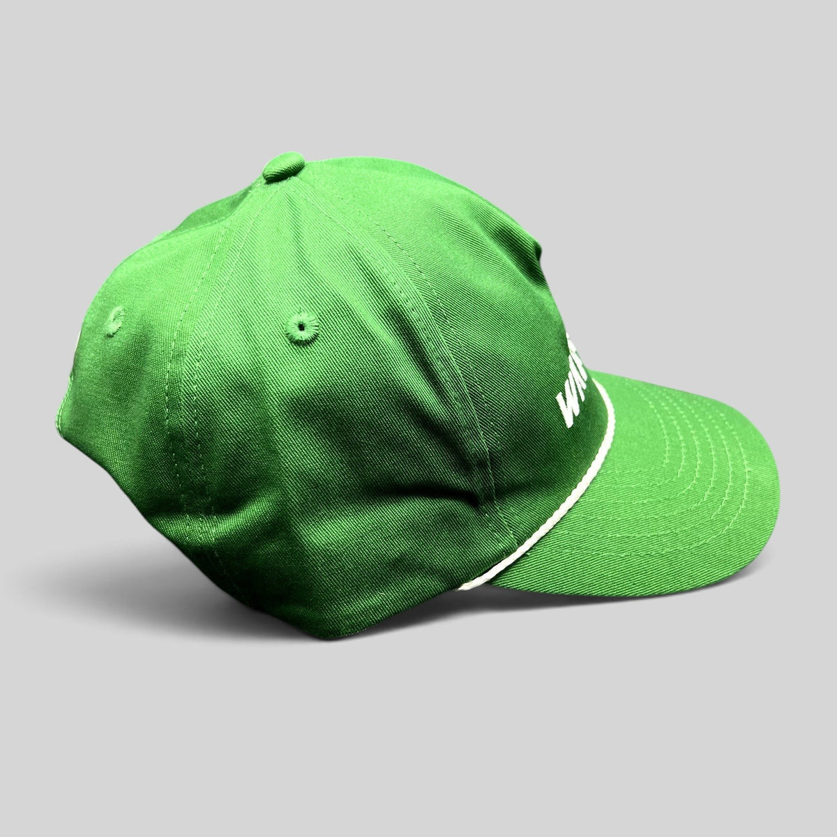 Raree Finds green cotton strapback hat with white rope detail and Wheels Up embroidery on the crown