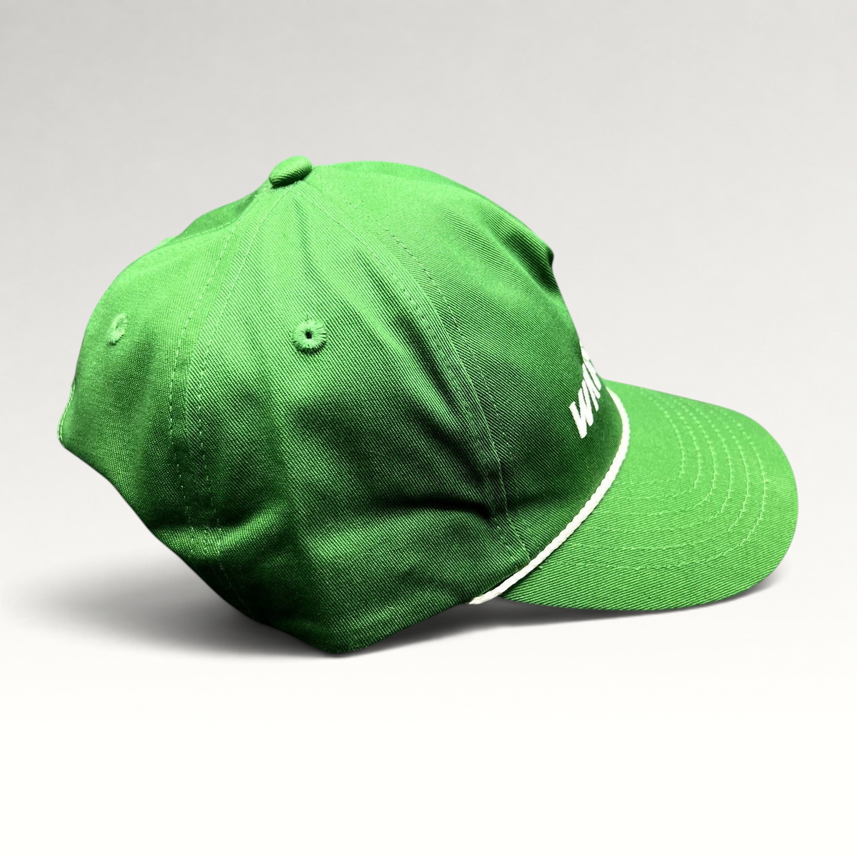 Raree Finds green cotton strapback hat with white rope detail and Wheels Up embroidery on the crown