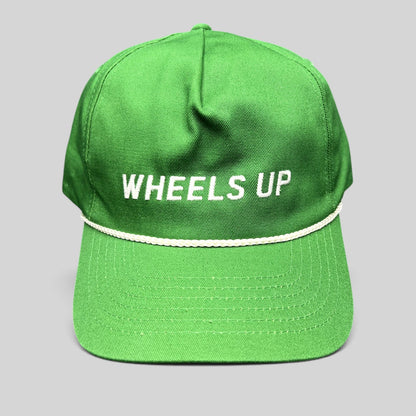 Raree Finds green cotton strapback hat with white WHEELS UP embroidery and a classic white rope detail on the brim.
