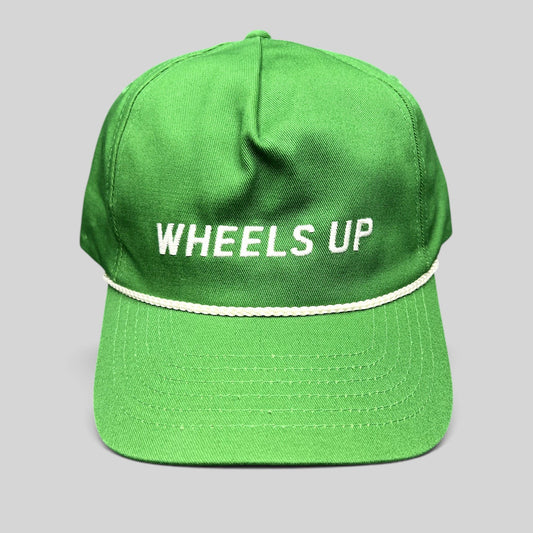 Raree Finds green cotton strapback hat with white WHEELS UP embroidery and a classic white rope detail on the brim.