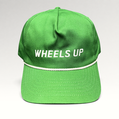Raree Finds green cotton strapback hat with white WHEELS UP embroidery and a classic white rope detail on the brim.
