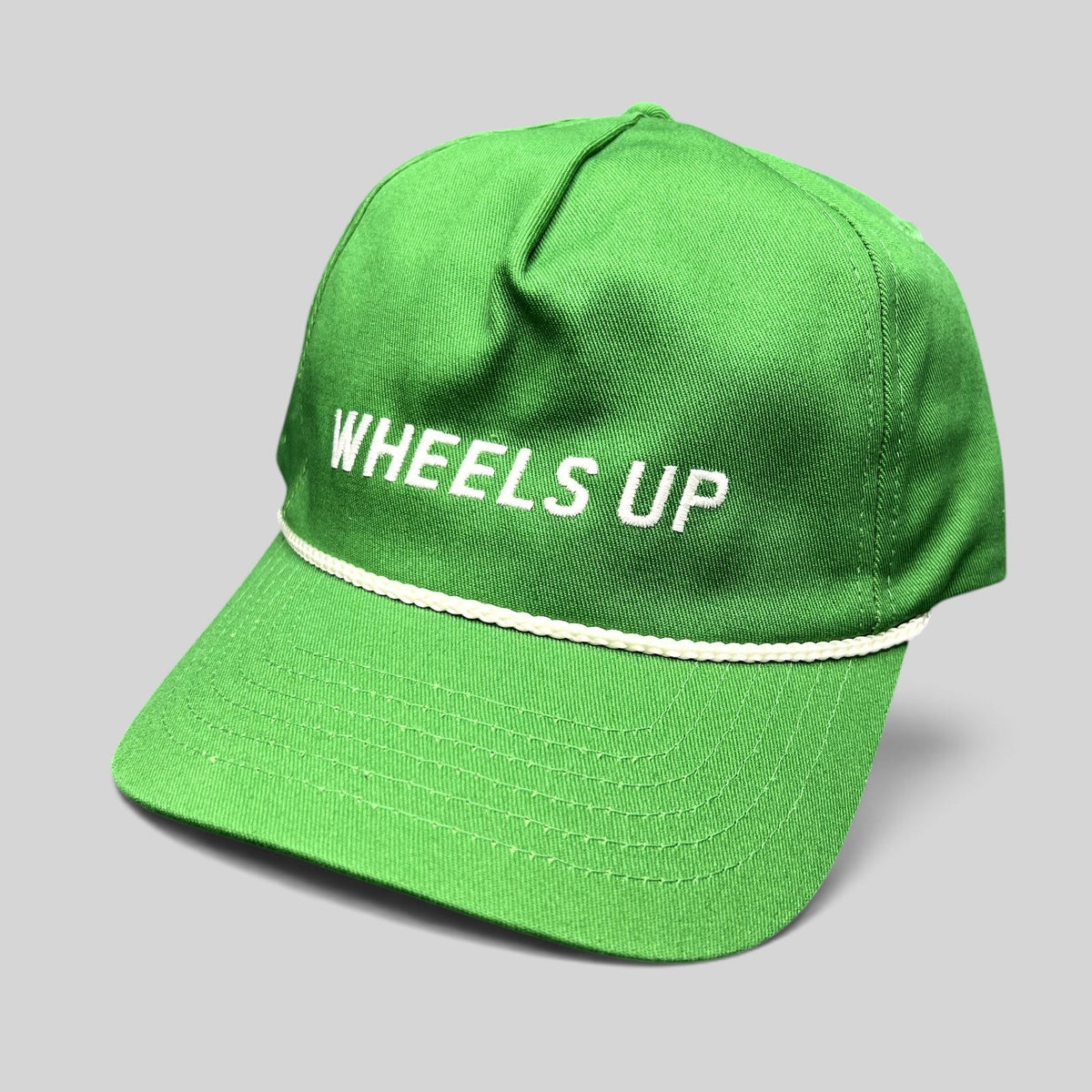Raree Finds green cotton strapback hat with white Wheels Up embroidery and a classic white rope detail on the brim.