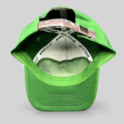 Raree Finds green strapback cap with internal Wheels Up branded taping and adjustable metal strap closure